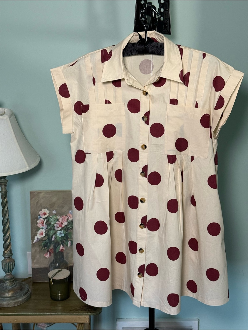 Cream and Burgundy Polka Dot Mini Dress Size Small